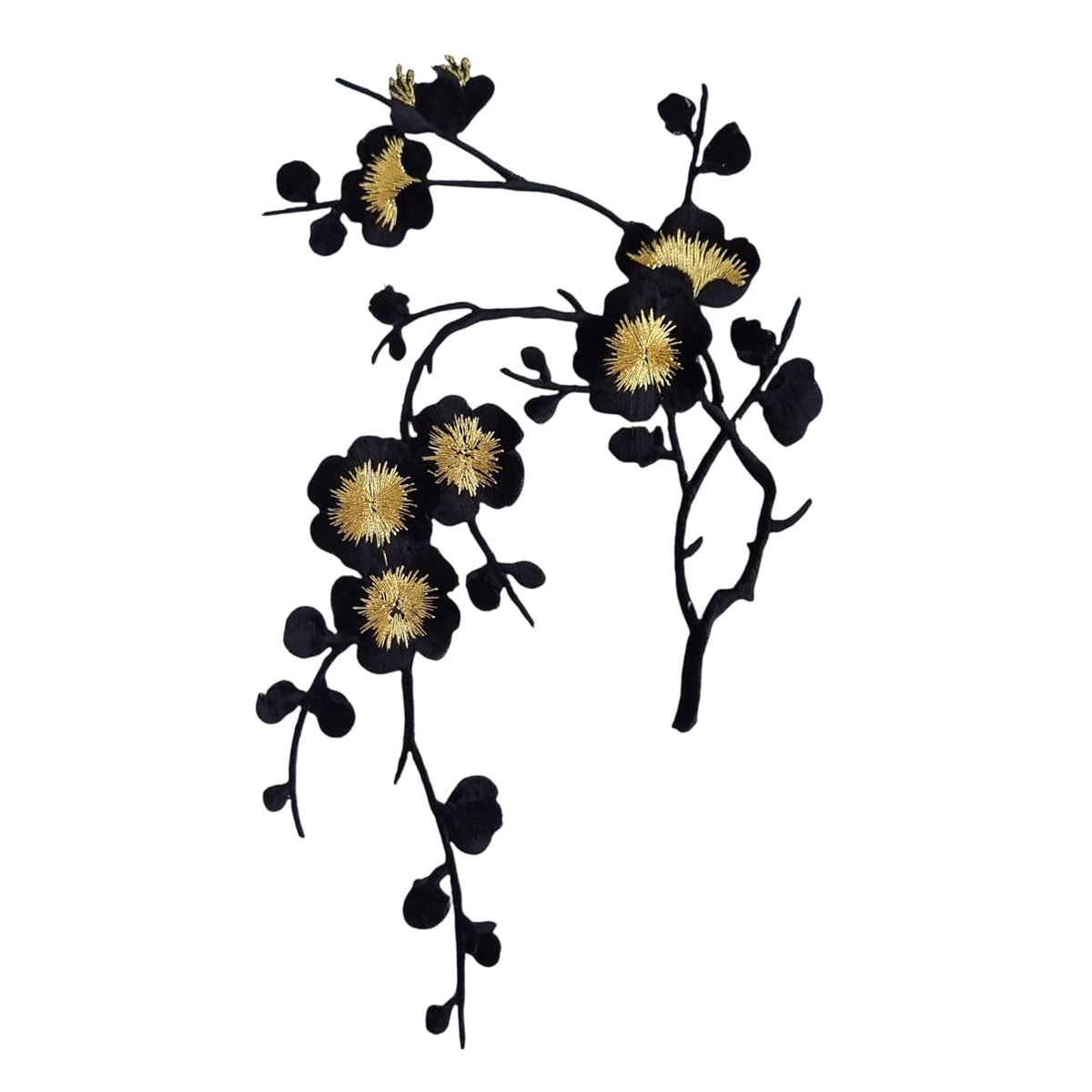 S.A.V.I Black Gold Floral 3D Embroidered Iron-On Patch | DIY Applique for T-Shirts, Jeans, Jackets, Bags | 8.4x6.3 Inch Fabric Sticker | Pre-Glued Cloth Patch for Clothes Accessories (Black)