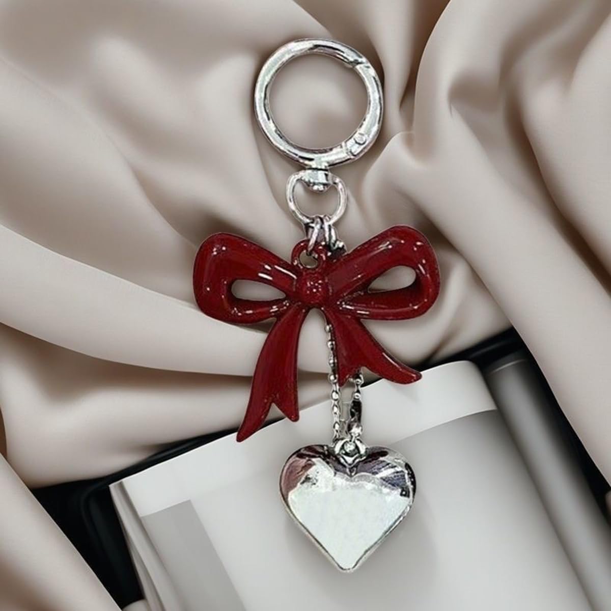 S.A.V.I Resin Bow Heart Keychain for Women, Cute Bag Charm, Wine Red,Glossy alloy accent with secure clasp; stylish accessory for handbags, backpacks, purses & gifting, 11 x 5 cm