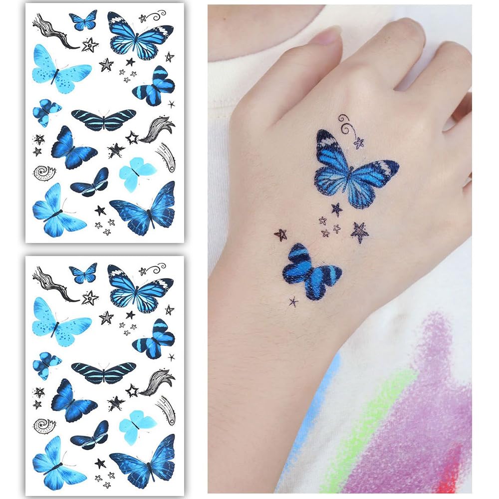 S.A.V.I 2 Sheets, Blue Butterfly Temporary Tattoos for Women Kids, Waterproof Long-lasting, Easy Apply Remove, Ideal for Parties Festivals, 12x7.5 cm Each, Body Art Decoration