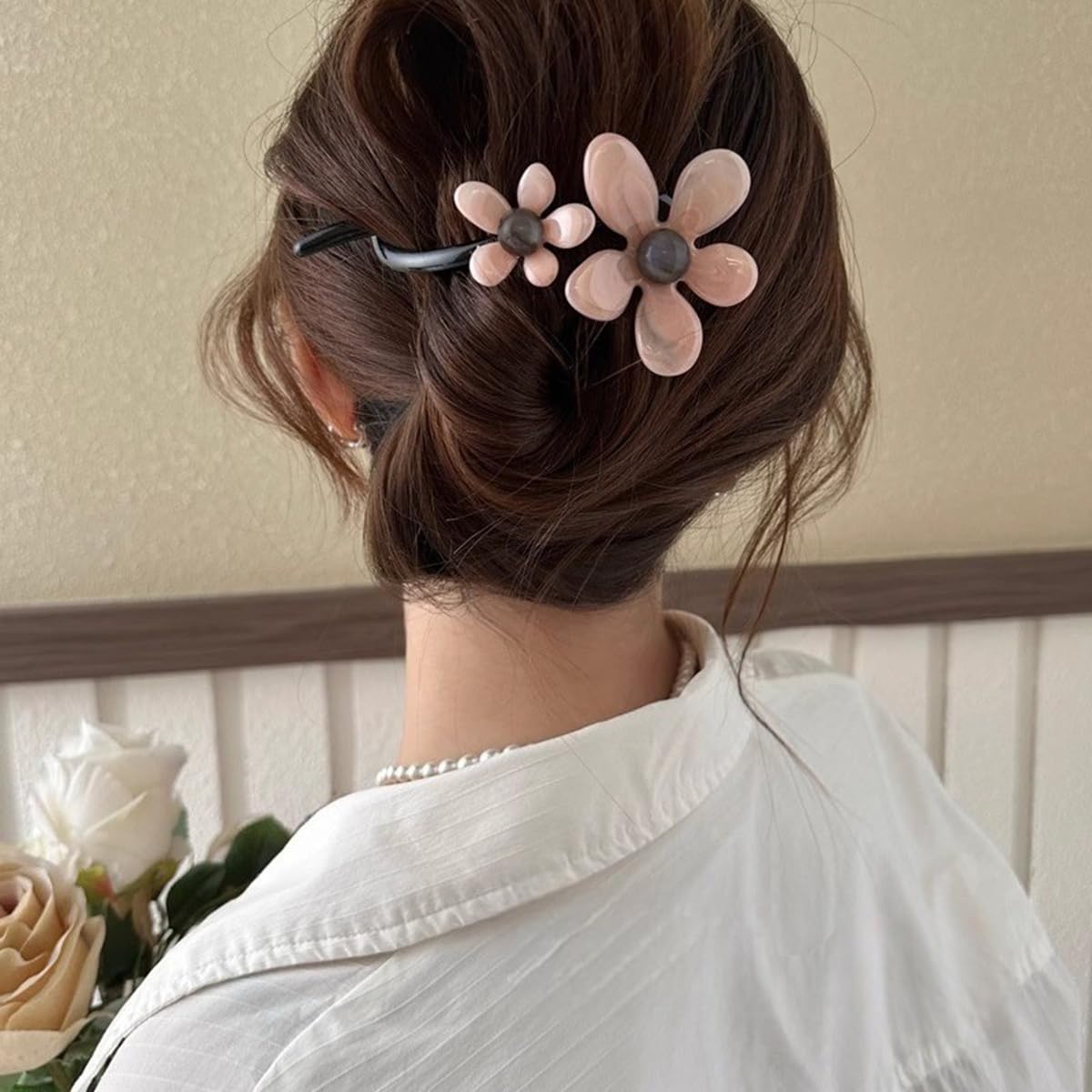 S.A.V.I Pink & Brown Flower Hair Clip for Women & Girls, 14cm Large Acrylic Floral Barrette, Cute Trendy Hair Accessory with Strong Grip for Casual & Party Hairstyles