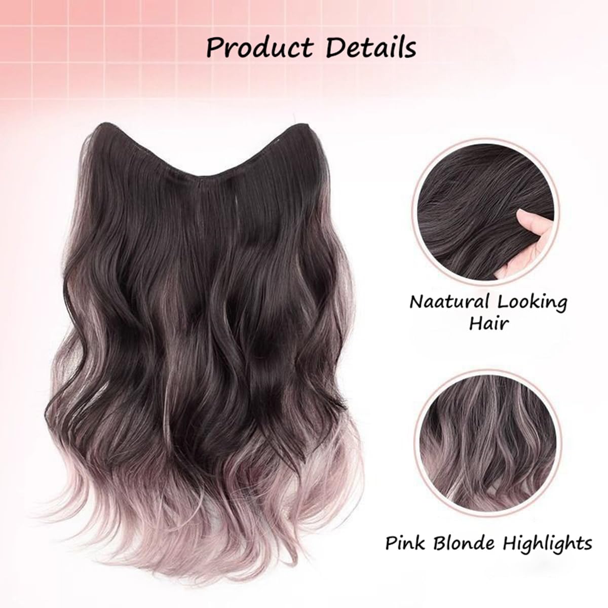 S.A.V.I 50cm Wavy Clip-In Hair Extension for Women | Natural Black & Dusty Pink Blonde Highlights | Dual-Tone Ombre Synthetic Hairpiece | Volumizing Half Head Long Hair Extension