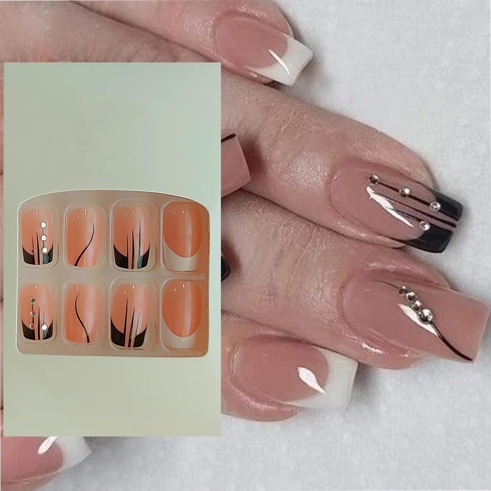 S.A.V.I 24Pc Nude French Manicure Press-On Nails - Long Square Shape with Adhesive Tabs Liquid Glue