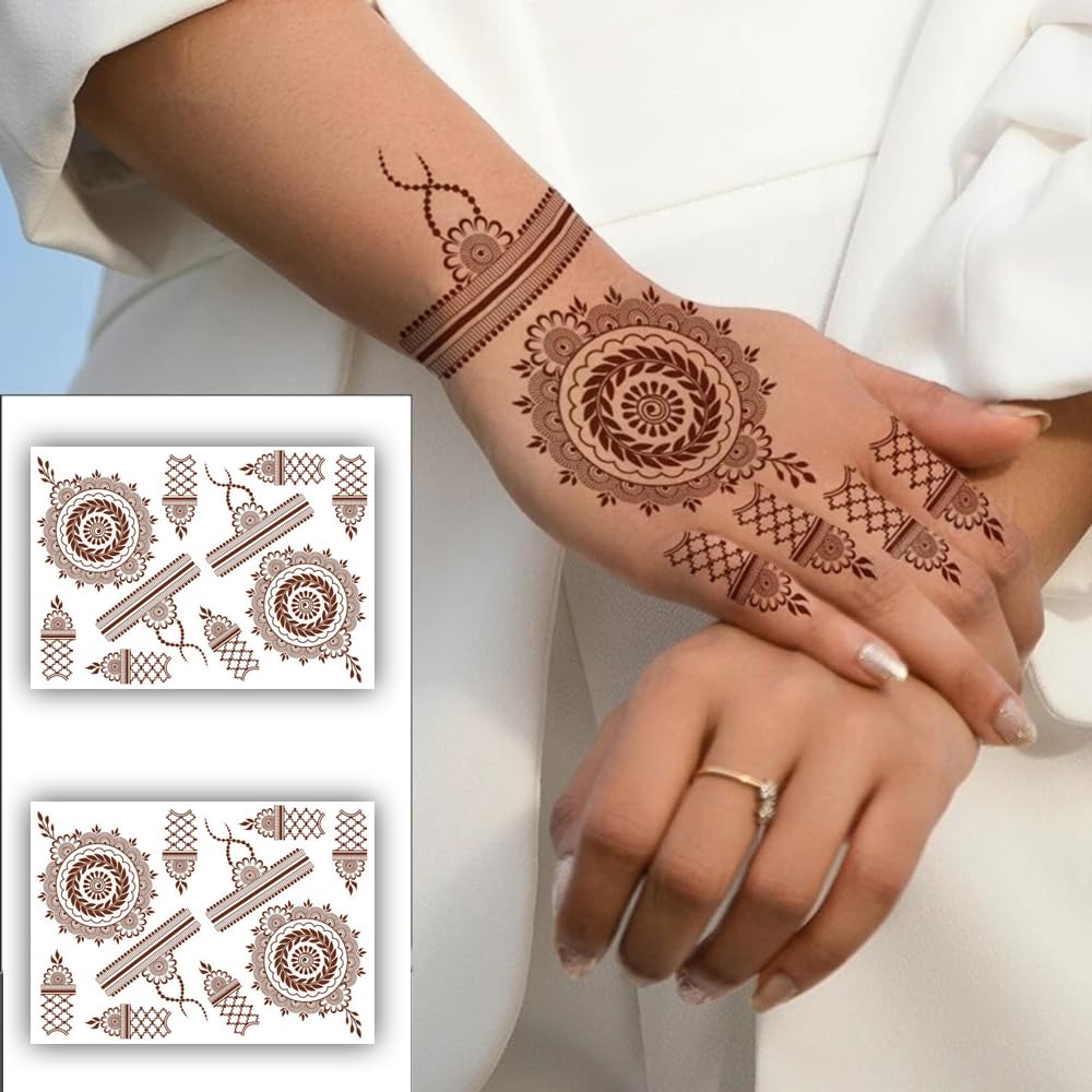 S.A.V.I 2 Sheets Henna Mehendi Tattoo Stickers - Waterproof, Natural Color, Women's Hands, Arms - 21x15cm