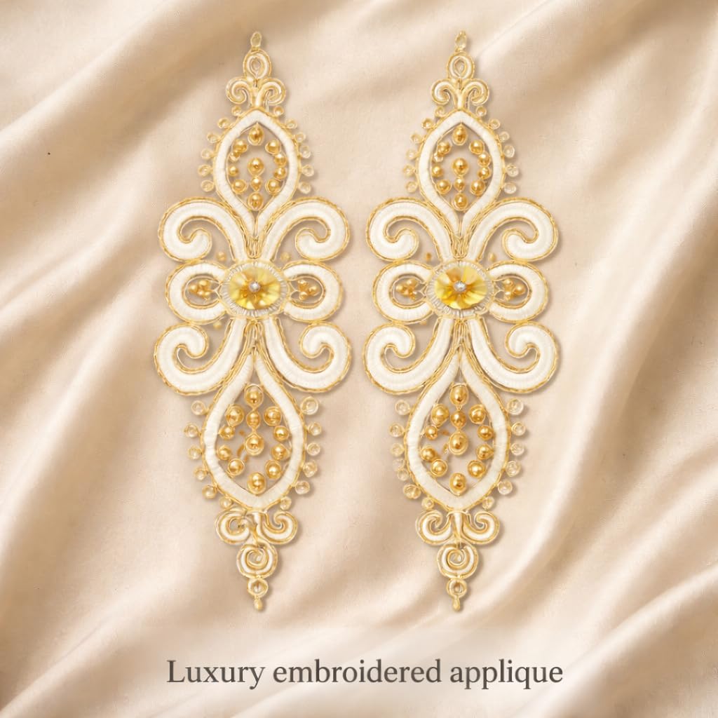 S.A.V.I Pair of White & Gold Floral Embroidered Sew-On Appliqué (11×35 cm) | Zardozi Beaded Threadwork Motif – Saree, Lehenga, Kurti & Blouse Neck Design (White-Gold)