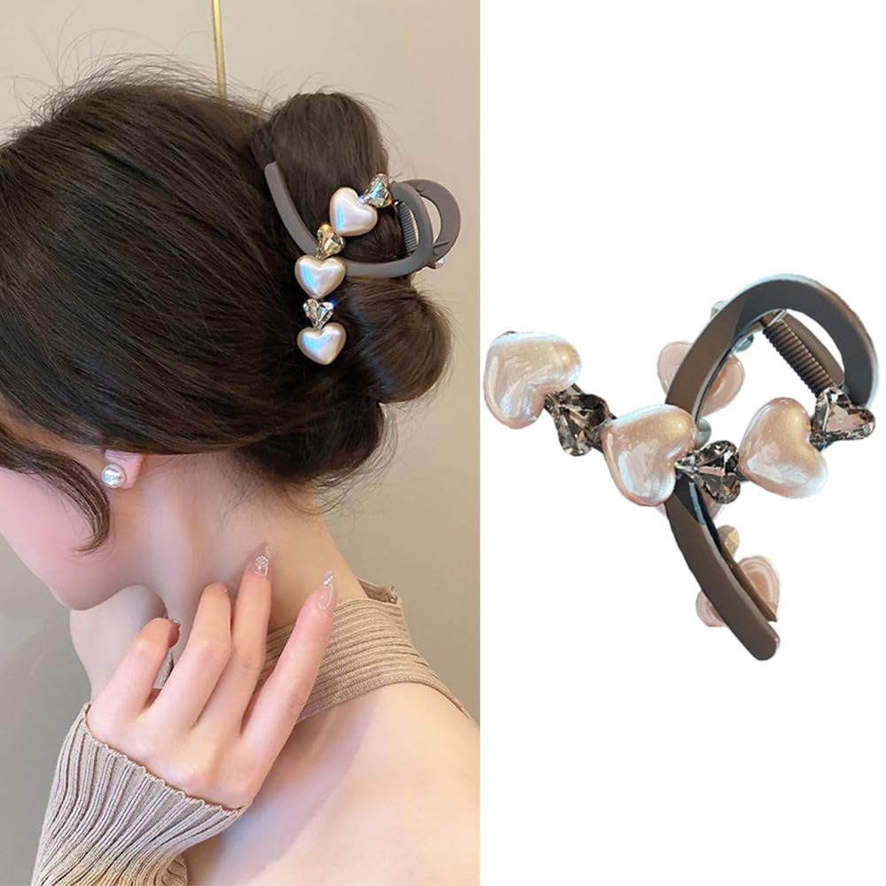 S.A.V.I Heart Crystal Hair Claw Clip for Women Girls | Elegant Pearl Finish | Brown Matte Grip | Strong Hold for Bun Ponytail | Stylish Durable Hair Accessory for Casual, Party Office