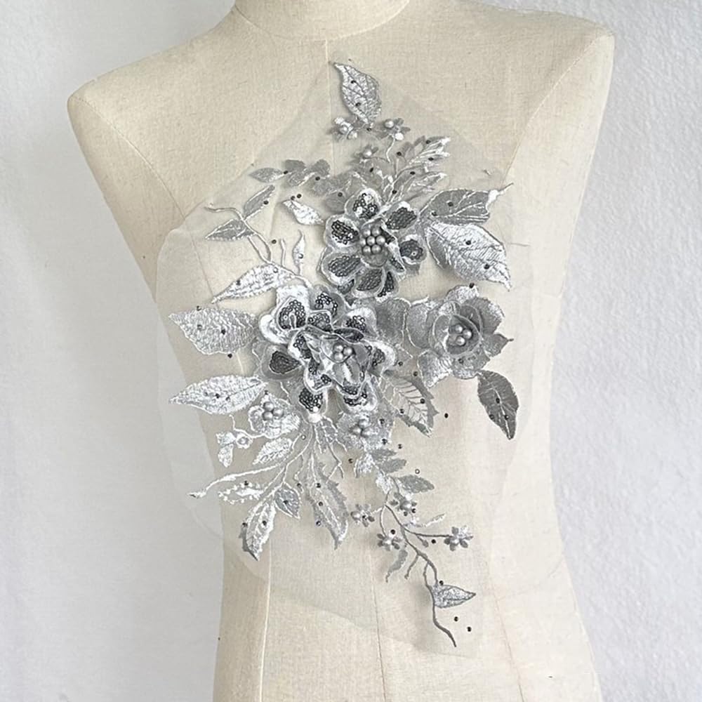 S.A.V.I 3D Floral Lace Applique Patch – Handcrafted Beaded Sequined Embroidery (14.5x9 in) for Bridal Wear, Sarees, Lehengas, Gowns, Blouses DIY Craft Sewing – 1PC Elegant Fabric Patch (Grey)