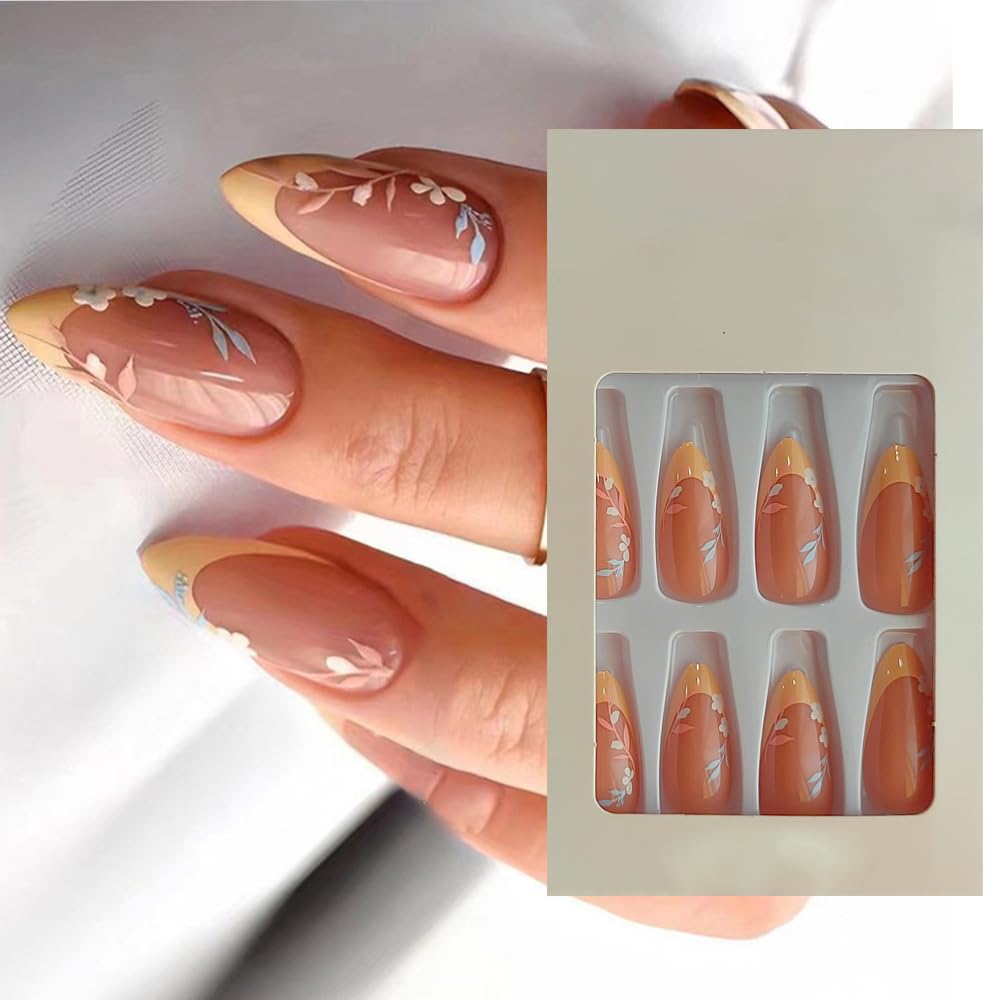 S.A.V.I 24pcs Yellow Floral French Manicure Press-On Nails, Almond Shape, with Adhesive Tabs Glue
