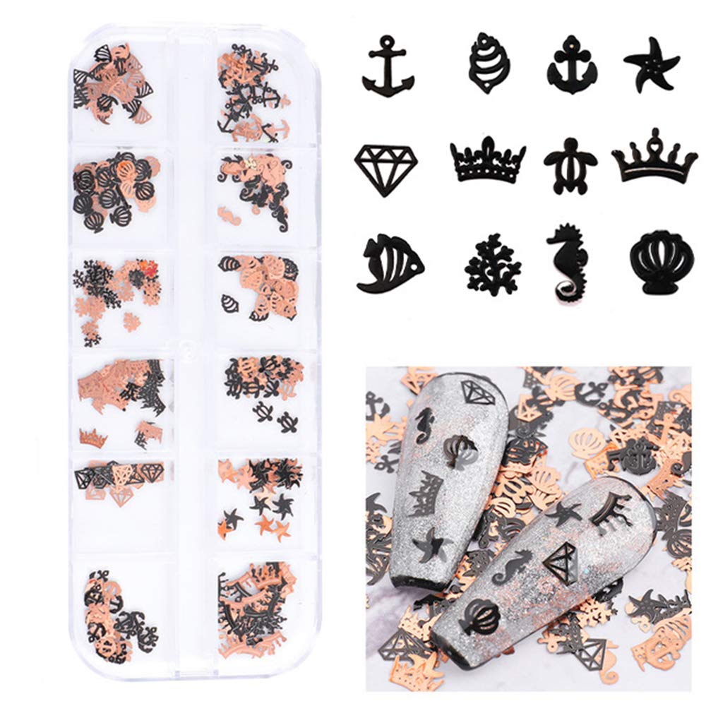 S.A.V.I 3D Nail Art Ultra-thin Black Rose Gold Sea Animals Metal Sequin Decorations Palette