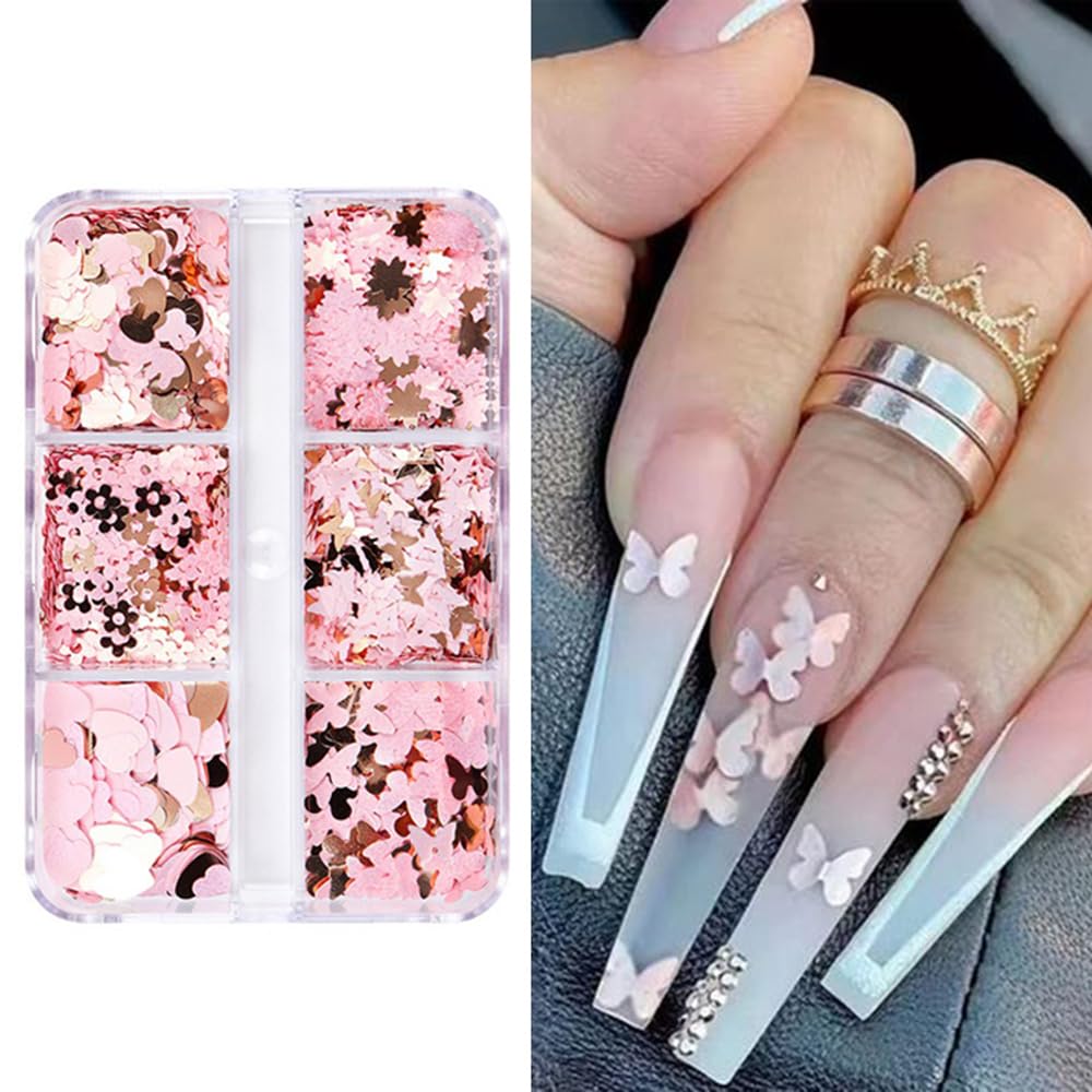 S.A.V.I Nail Art Sequins - Pink Gold, Ultra-Thin, Butterfly, Heart Flower Designs