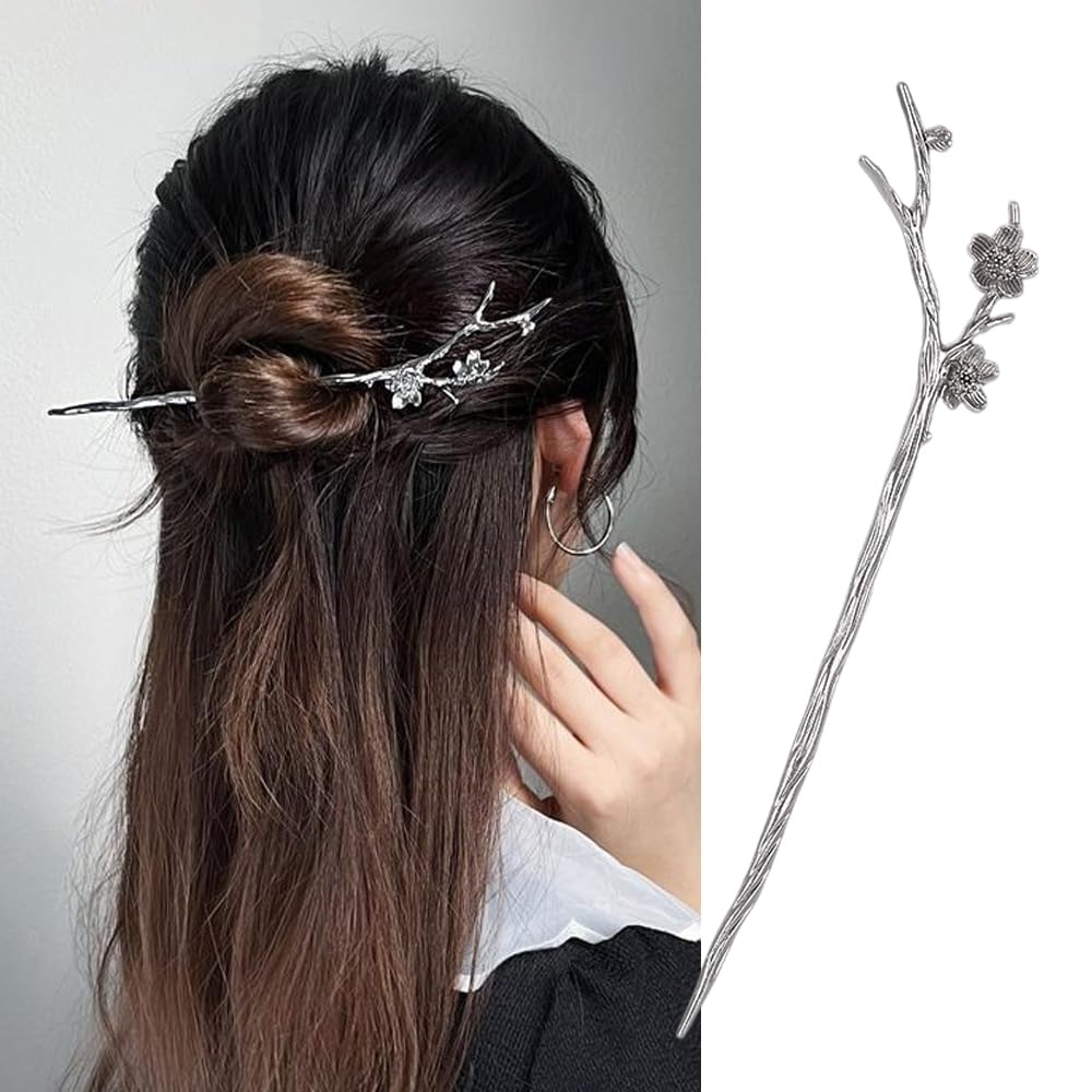 S.A.V.I Silver Cherry Blossom Hair Stick for Women | Elegant Chinese Style Metal Hairpin | Unique Floral Branch Design Hair Accessories for Buns Hairstyles | Traditional Modern Look