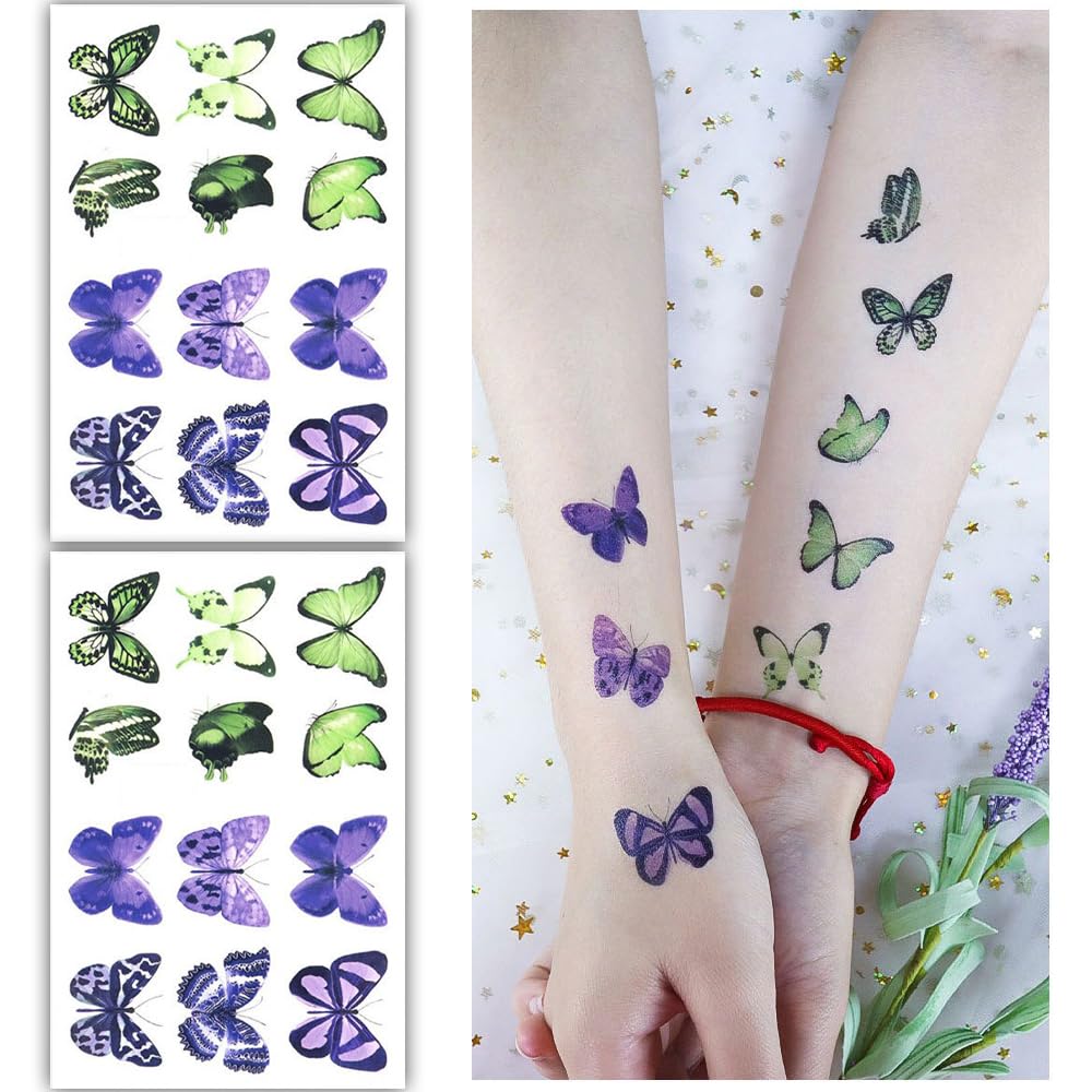 S.A.V.I 2 Sheets Butterfly Temporary Tattoos for Kids Adults - 12 Vibrant Green Purple Designs, Easy to Apply, Waterproof, Lasts 3-5 Days - Ideal for Parties, Festivals, DIY Crafts