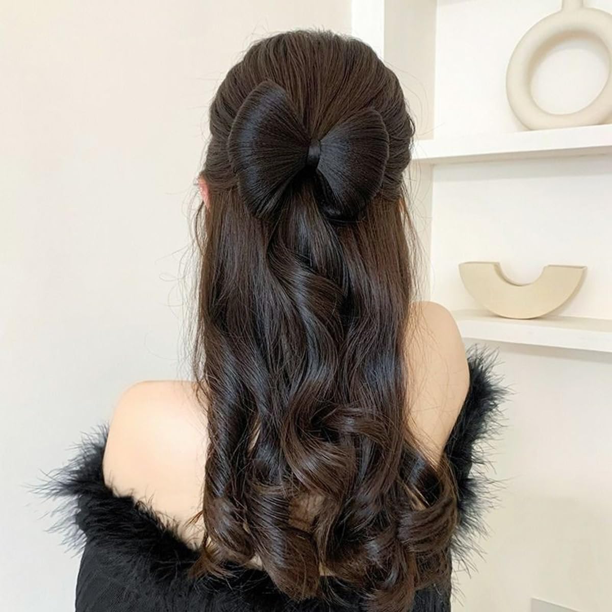 S.A.V.I Natural Black Bow Hair Extension Clip for Women & Girls | Korean Style Synthetic Hair Bow Barrette with Metal Clasp | Elegant Bun & Ponytail Accessory for Party, Wedding & Daily