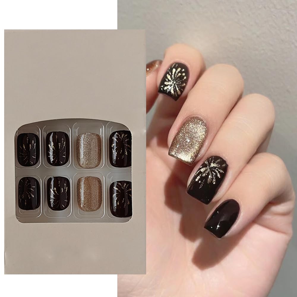 S.A.V.I 24 PCs Set of Medium Length Square Shape Blackish Burgundy Firework Cat Eye Reusable Fake Nails - DIY Manicure Kit, Easy Application Removal, Perfect for Parties Events