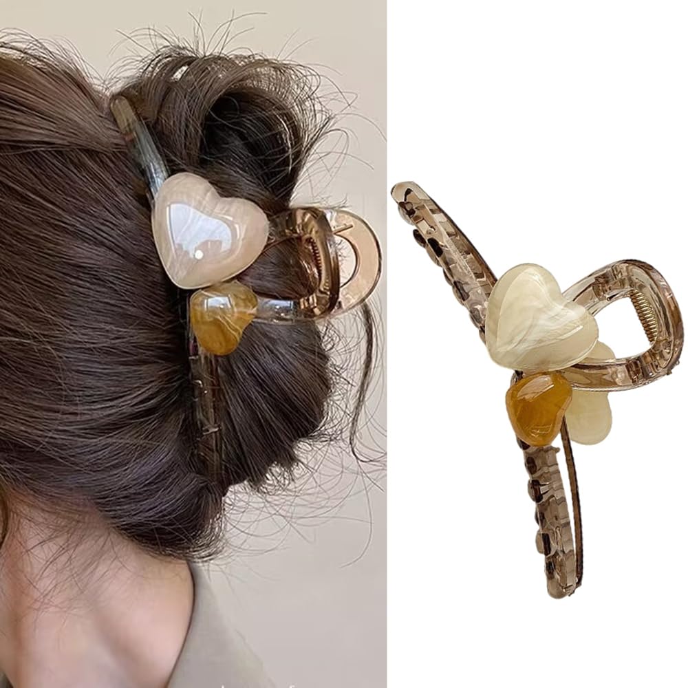 S.A.V.I Stylish Brown Resin Heart Hair Claw Clip for Women Girls | Strong Grip Hair Clutch for Thick Long Hair | Elegant Transparent Hair Accessory for Daily Party | Trendy Durable Design