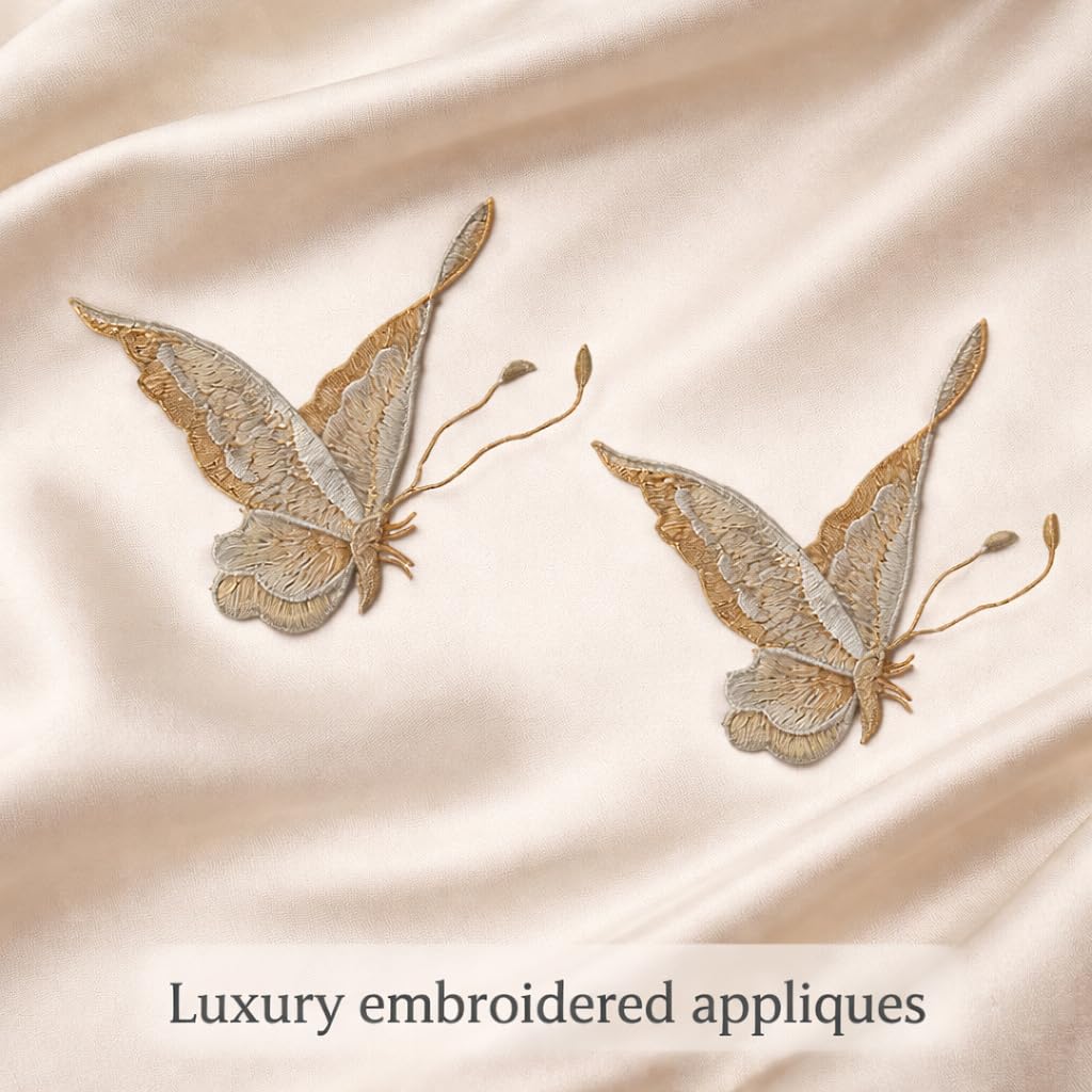 S.A.V.I Khakhi Embroidered Butterfly Applique Patch Pair (Left & Right), Sew-On Fabric Motif 12.5 x 9.3 cm, Thread Work for Dresses, Shirts, Denim & DIY Fashion (Khakhi)