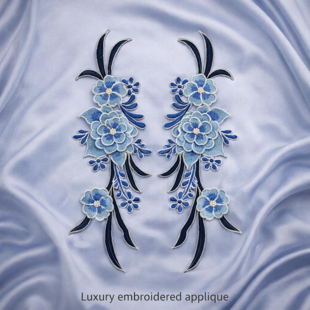 S.A.V.I Pair of Blue Floral Embroidered Applique Sew On 12.5 x 33.5 cm | Fabric Neckline Motif for Dresses Kurtis Gowns & Designer Wear (Blue)