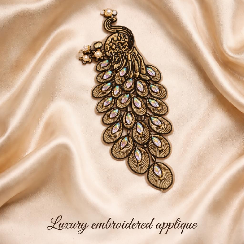 S.A.V.I Gold & Black Peacock Embroidered Sew-On Appliqué Patch 14x30 cm | Zardozi Threadwork with Crystal Stones | Designer Blouse Saree Kurti Gown Decoration (Left, Black & Gold, OneSize)