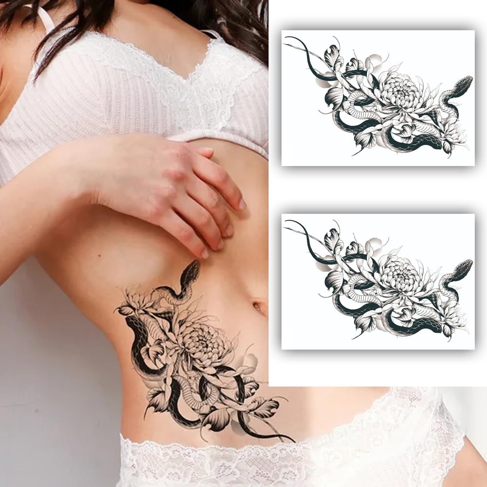 S.A.V.I 2PCS Snake Flowers Temporary Tattoo Stickers - Detailed Realistic Art, 22x15 cm, Longevity Symbol