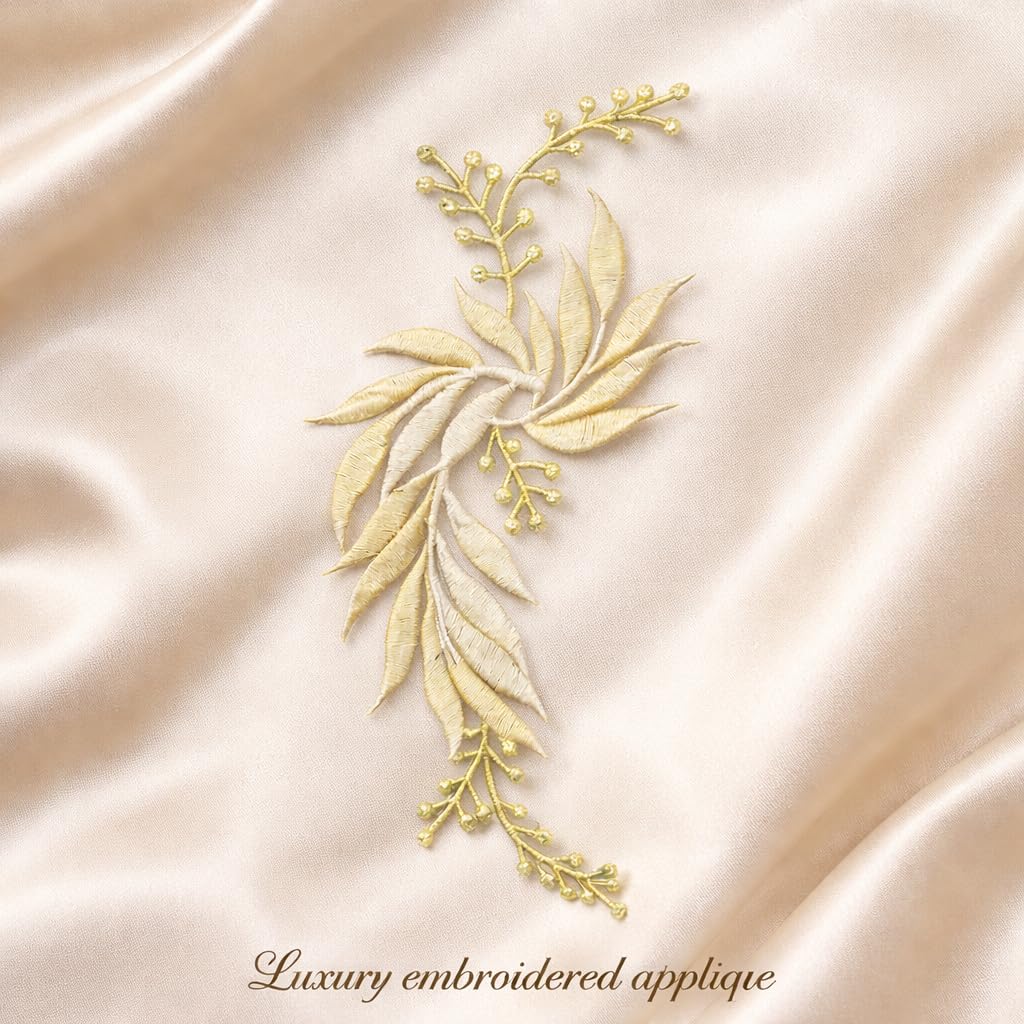 S.A.V.I Yellow & Silver Floral Iron-On Embroidered Appliqué Patch 7.5 x 17 cm | Leaf Motif Threadwork Design for Dresses, Sarees, Blouses & DIY Fabric Craft (Left, Yellow, 7.5 x 17 cm)