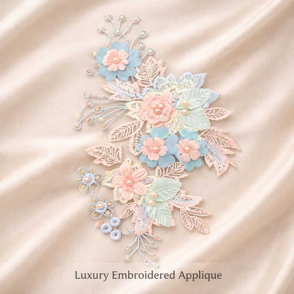S.A.V.I Pastel Blue & Peach Floral Embroidered Sew-On Appliqué Patch 25 x 16.5 cm with Pearl & Thread Work | Fabric Motif for Saree, Kurti, Gown & Dress Designing