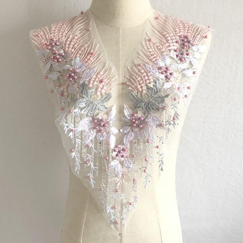 S.A.V.I 3D Floral Applique Patch for Dresses | Pink Gold Embroidered Mesh Lace Fabric (55x28 cm) | DIY Bridal, Ethnic Wear, Lehenga, Saree, Gown, Blouse Craft Sewing Accessory | 1PC (Pink)