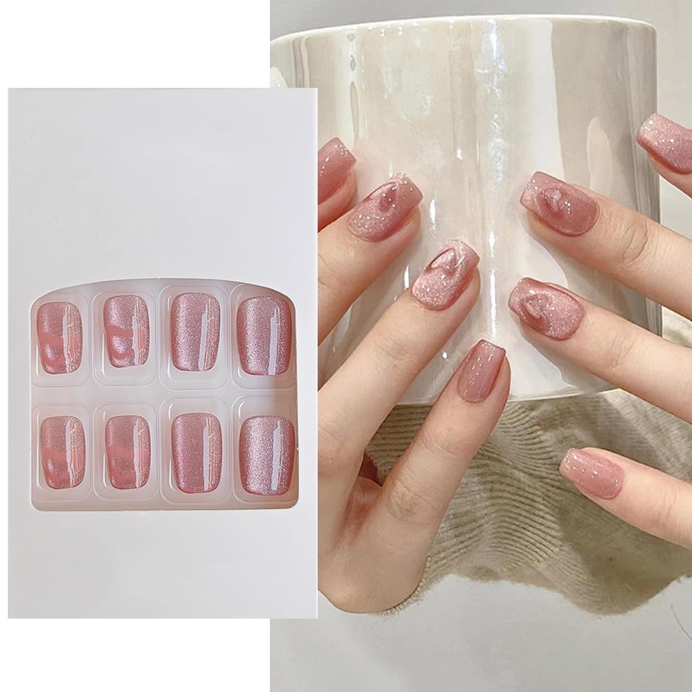 S.A.V.I 24 Pcs Nude Pink Cat Eye Fake Nails, Short Square Shape with Heart Design, Natural-Look Press-On Nail Kit for Women Girls, DIY Manicure Set, Easy to Apply Long-Lasting