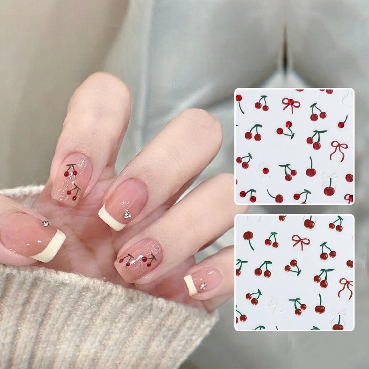 S.A.V.I 2 Sheets - 3D Cherry & Bow Nail Art Stickers | Red & Green Rhinestone Gel Resin Self-Adhesive DIY Decals | for Manicure & Nail Decoration