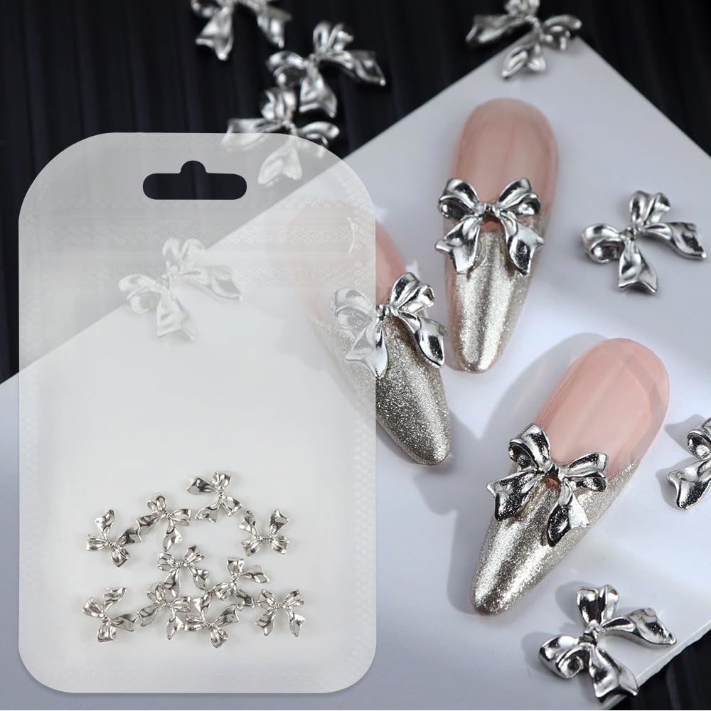 S.A.V.I 3D Bowknot Nail Charms - 10 Pcs Silver Bow Nail Art Decorations | Elegant DIY Manicure Accessories | Metallic Nail Decor for Salon Home Use | Stylish Nail Accessories for Stunning Nails Amazon.in Beauty