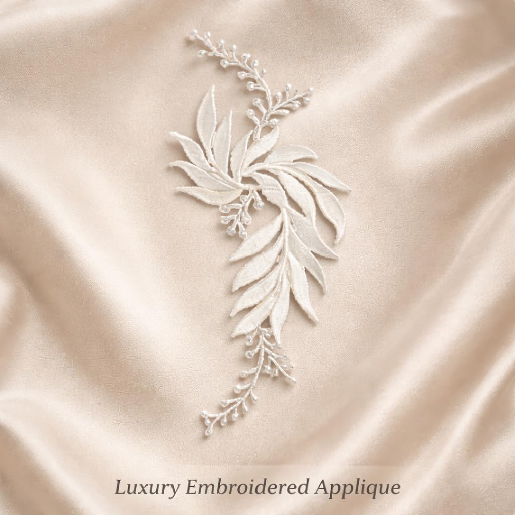 S.A.V.I White & Silver Floral Iron-On Embroidered Appliqué Patch 7.5 x 17 cm | Leaf Motif Threadwork Design for Dresses, Sarees, Blouses & DIY Fabric Craft (Right, White, 7.5 x 17 cm)