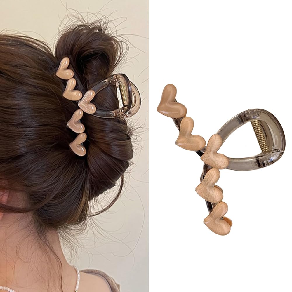 S.A.V.I Beige Heart Design Hair Clip - 9cm Large Hair Claw for Women Girls | Stylish, Durable Perfect for Thick Hair | Everyday Use Trendy Hair Accessory | Chic Secure Hold
