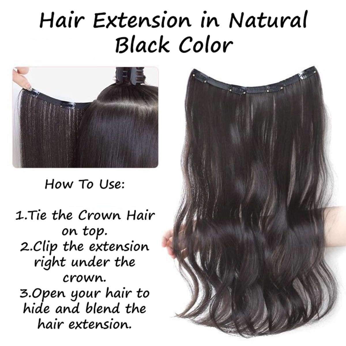 S.A.V.I Natural Black Wavy Clip-In Hair Extension 60 cm | Synthetic Fiber One-Piece Hair Patch for Women | Volumizing Crown Topper with Secure Grip Clips | Reusable Hair Enhancer for Instant Length & Volume