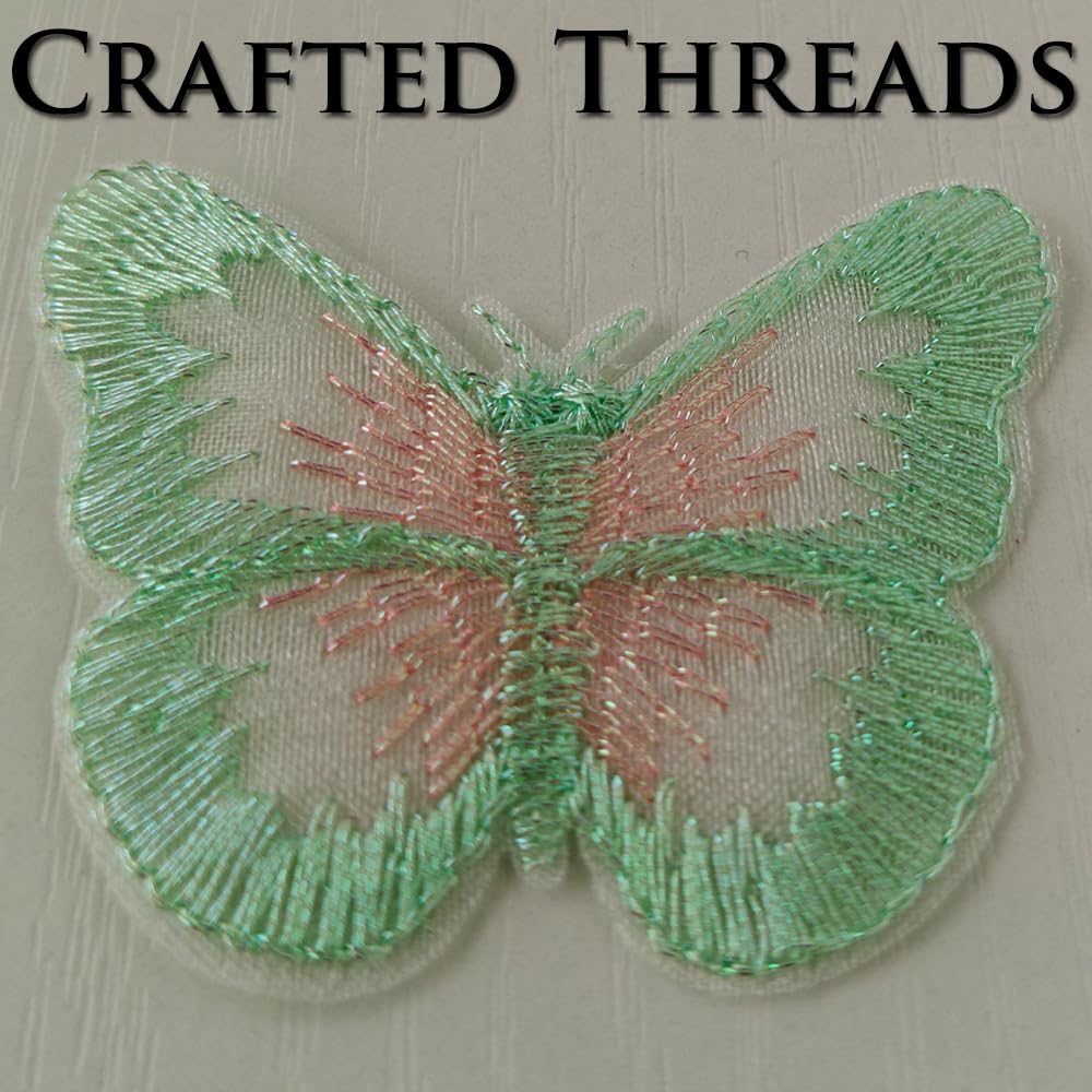 S.A.V.I 6 Pcs Sew-On Embroidered Butterfly Patches – Mint Green & Blush Pink, Sheer Mesh Fabric, 4.4 x 3.5 cm Decorative Appliqué for Dresses, Blouses, Crafts & DIY (Green-Pink)