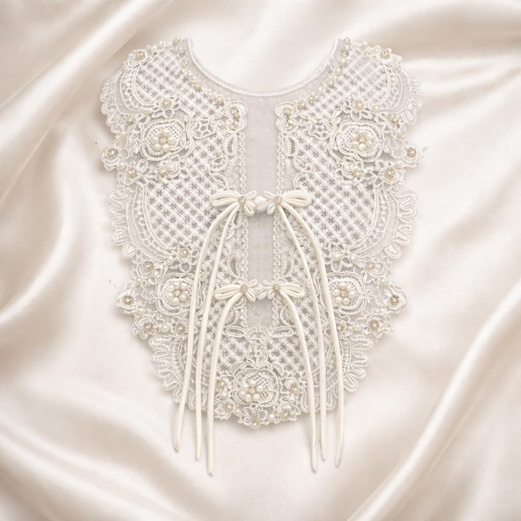 S.A.V.I White Ivory Embroidered Lace Appliqué Neckline Yoke 30x36 cm Pearl Beaded Floral Net Sew-On Patch with Bow Tie for Bridal Anarkali Gown Ethnic Craft (Pearl with Bow Tie)