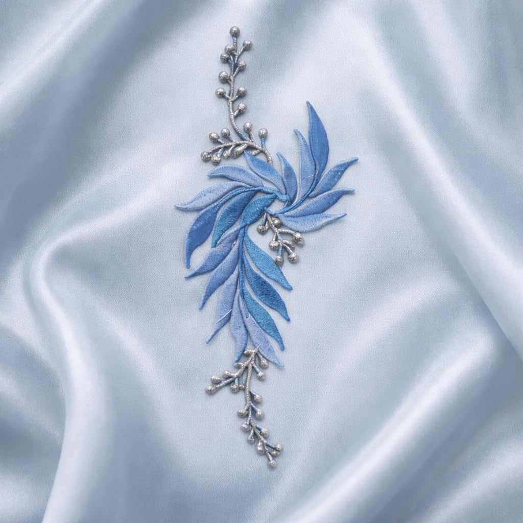 S.A.V.I Blue & Silver Floral Iron-On Embroidered Appliqué Patch 7.5 x 17 cm | Leaf Motif Threadwork Design for Dresses, Sarees, Blouses, DIY Fabric Craft (Left, Blue, 7.5 x 17 cm)