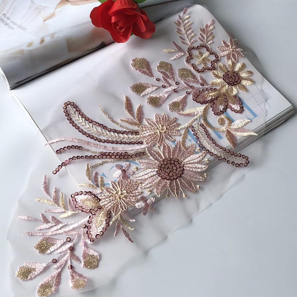 S.A.V.I 3D Embroidered Applique Patch – Rose Gold Floral Mesh Lace (16.5x7.5 in) | Sew-On DIY Fabric for Dresses, Sarees, Lehengas, Blouses, Gowns, Bridal Wear, Craft Sewing Ethnic Outfit Decoration