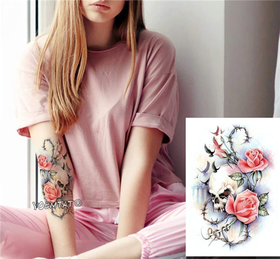 S.A.V.I Temporary Tattoo For Girls Men Women 3D Skull Cross Pink Rose Flower Sticker Size 21x15cm - 1pc. (159-1)