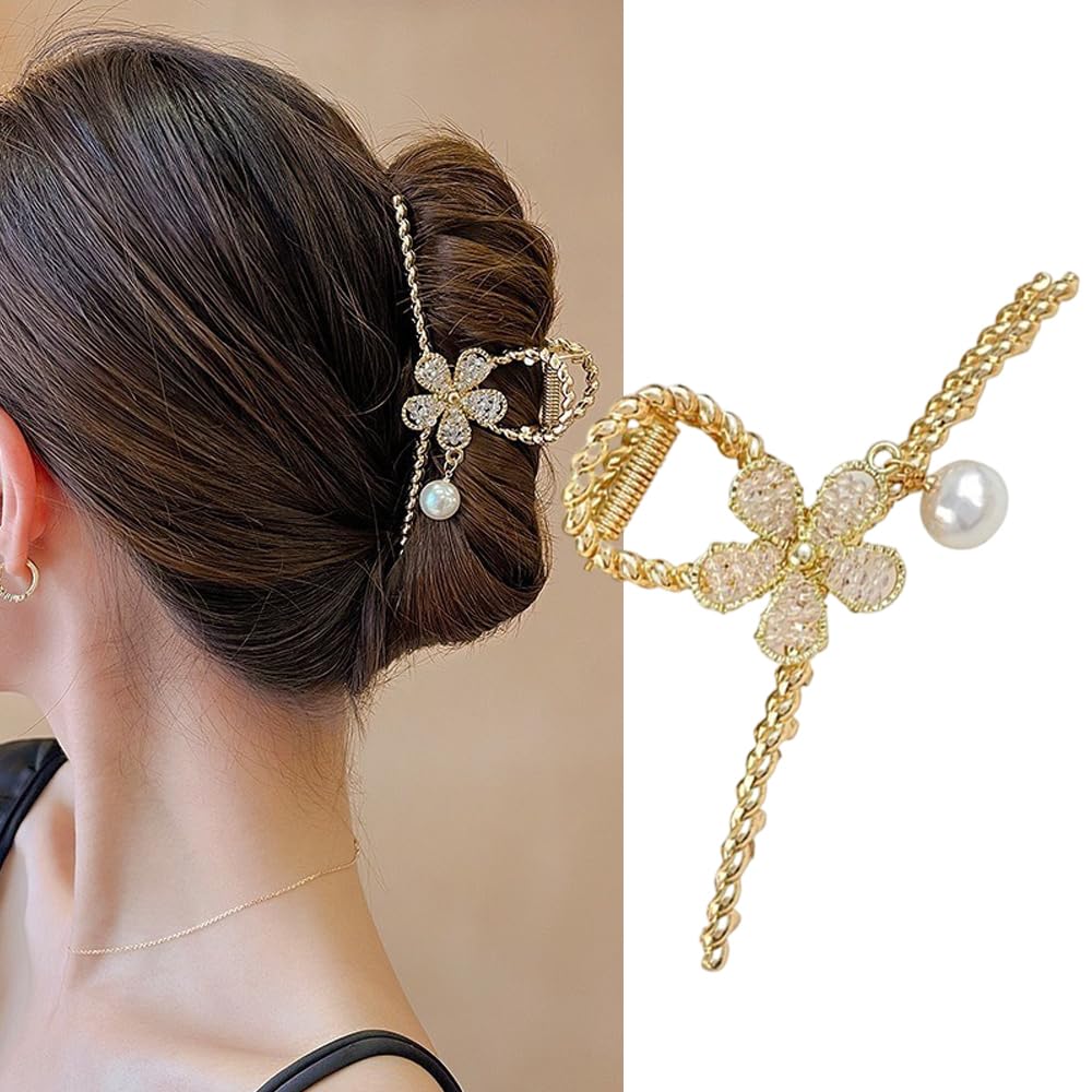 S.A.V.I Elegant Gold Metal Flower Hair Clutch Clip with Rhinestones Pearl Charm – Stylish Hair Accessory for Women Girls | Bridal, Party