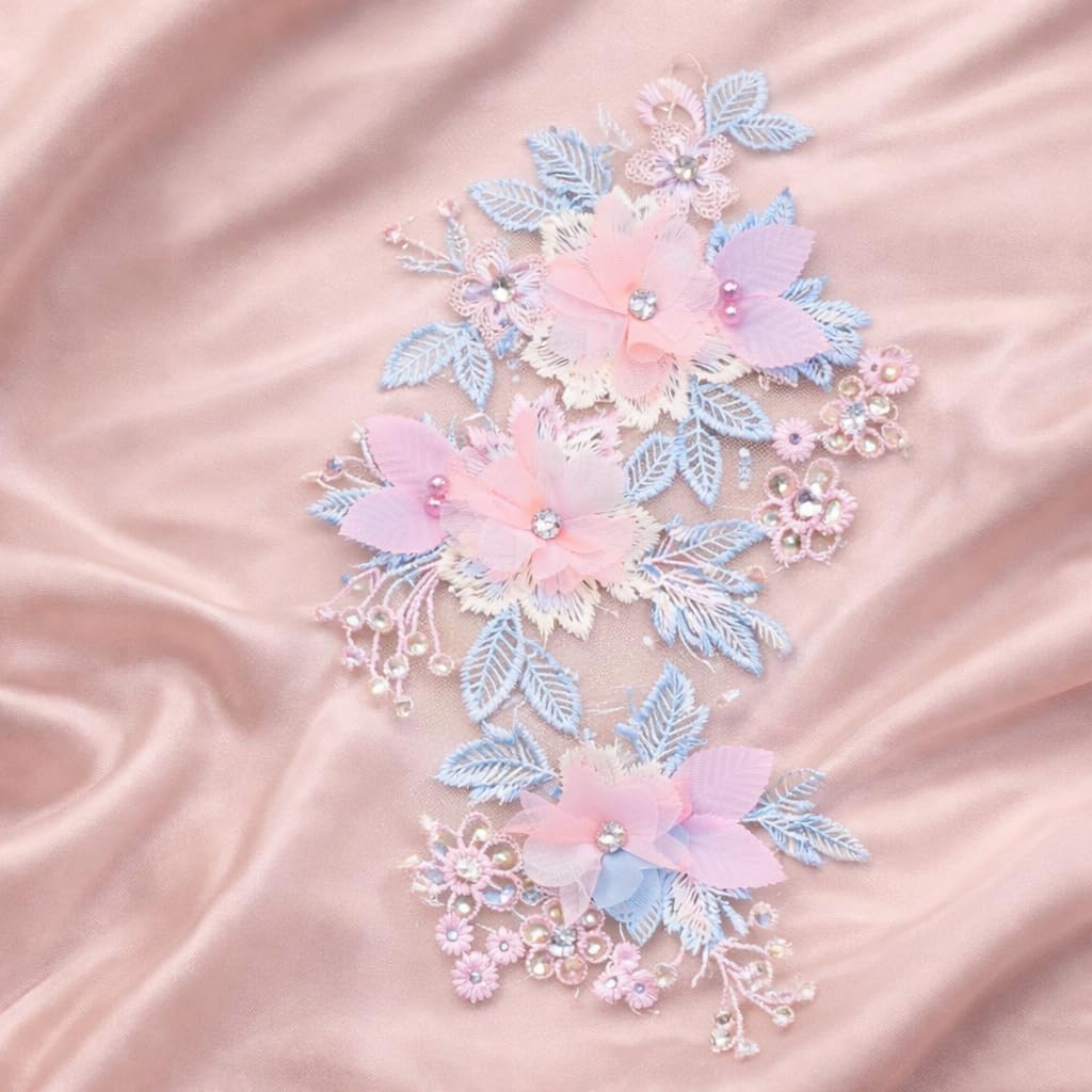 S.A.V.I Pastel Floral Embroidered Sew-On Appliqué Patch 20 x 29 cm, 3D Organza Flowers with Beads & Pearl Work, Leaf Design for Blouse, Gown, Saree, Kurti & DIY Craft (Left)