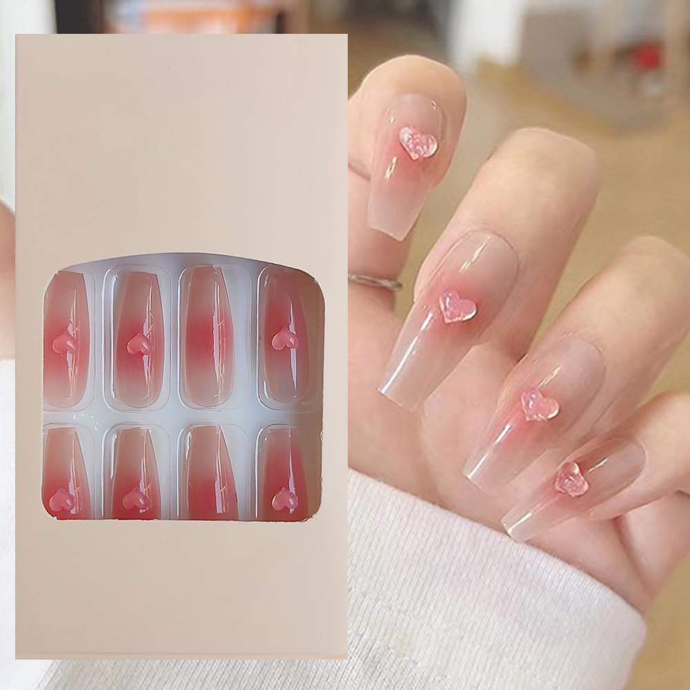 S.A.V.I 24pc 3D Heart Long Nude Press-On Nails - Elegant Fake Manicure Set