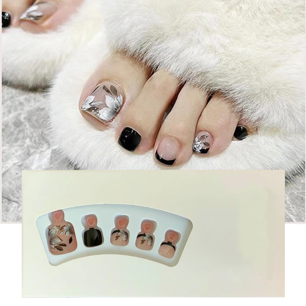 S.A.V.I 24 pcs - Nude Black Floral Press-On Toe Nails, Easy At-Home Pedicure Kit