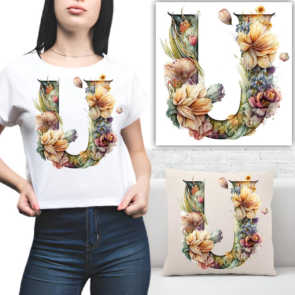S.A.V.I 1PC Floral Alphabet Iron-On Patch – Washable Heat Transfer Sticker for DIY T-Shirts, Jeans, Pillows, Backpacks, Hats – Easy Applique with Beautiful Flower Design – Clothing Accessories Patch (U)