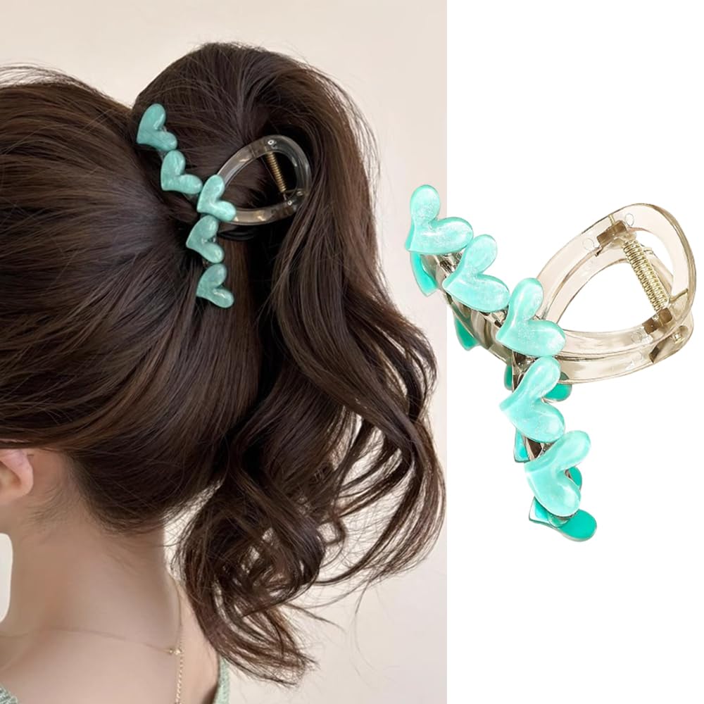 S.A.V.I Cyan Heart Shape Hair Clutch Clip for Women Girls | Strong Grip Stylish Claw Clip for Thick Long Hair | Elegant Trendy Hair Accessory for Daily Party | Durable Lightweight Design
