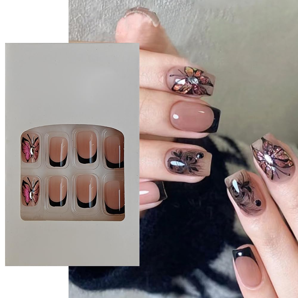 S.A.V.I 24 Pcs Short Square French Manicure Fake Nails | Nude Black with Rose Butterfly Pink Glitter Design | DIY Press-On Nail Set for Women | Natural, Comfortable Perfect for Parties
