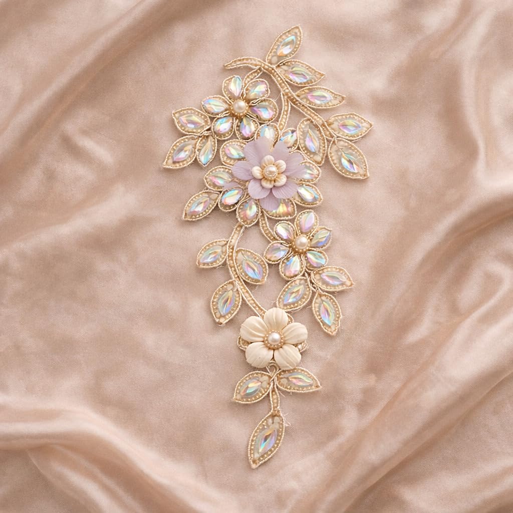 S.A.V.I Champagne Gold Crystal Floral Applique Patch 14 x 27 cm, Hand Embroidered Beaded Leaf Sew-On Design for Sarees, Gowns, Dresses & Kurtis (Right, Gold, OneSize)