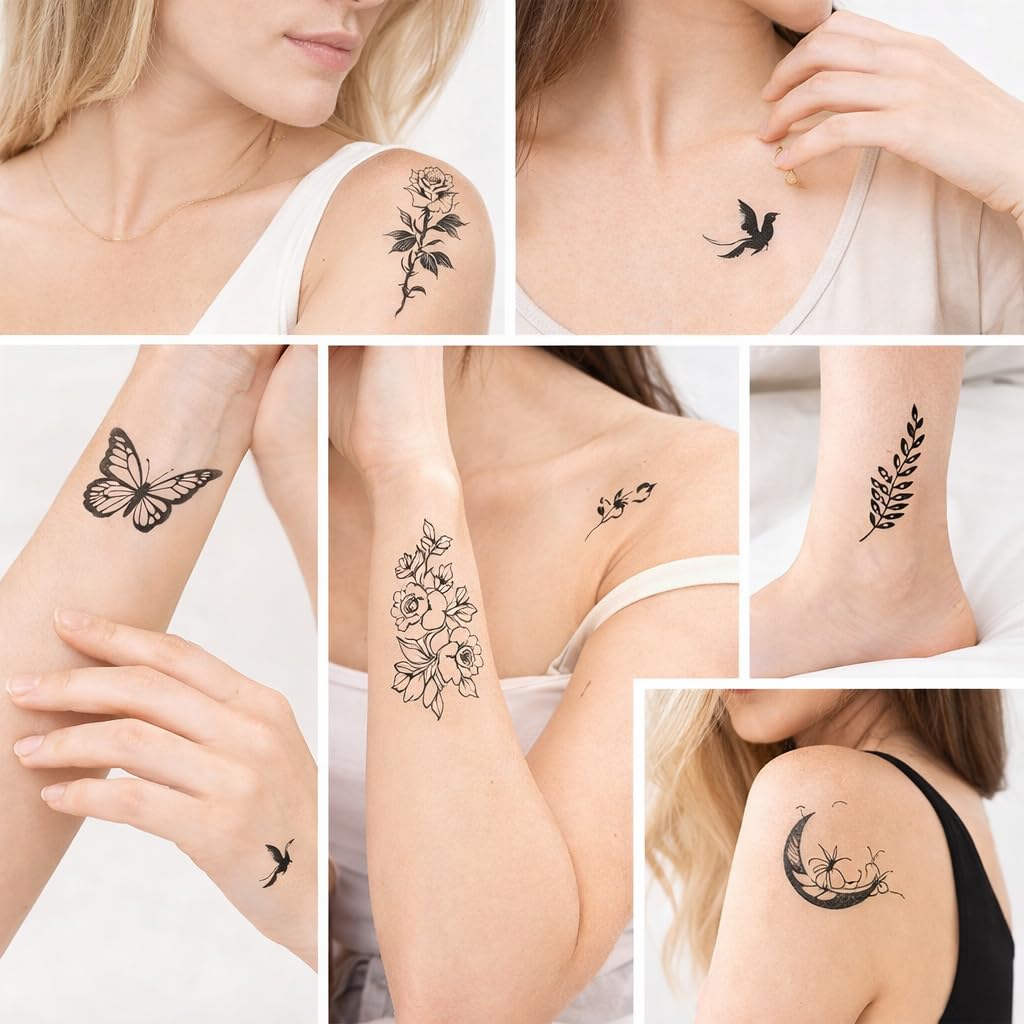 S.A.V.I 30 Sheets Black Floral & Butterfly Temporary Tattoos for Women & Girls | Small Rose, Heart, Moon Body Art Stickers | Waterproof, Non-Toxic, Easy Apply (5.7 x 9.7 cm) (#320)