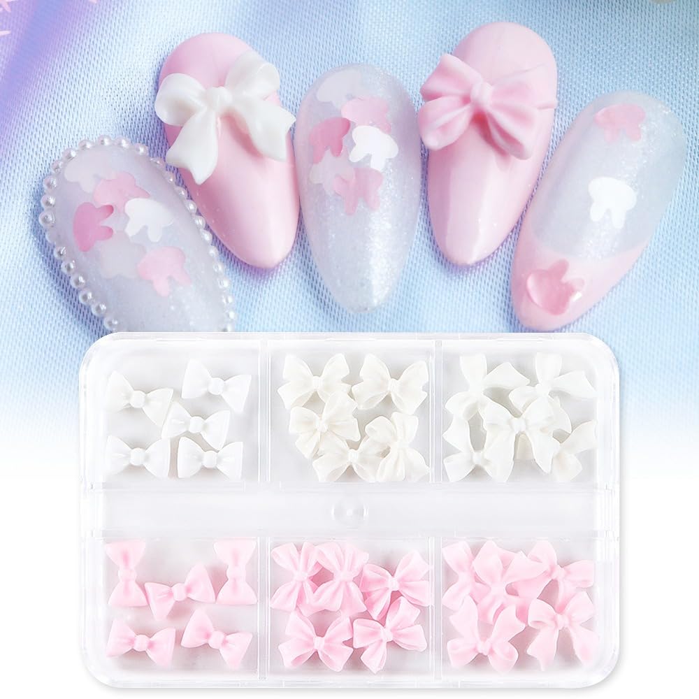 S.A.V.I 3D Bow Nail Art Decorations | 30 Pcs Multicolor Bowknot Nail Charms | DIY Acrylic Manicure Décor for Women | Cute Pink White Nail Accessories | Small Box for Nail Art Salon Use
