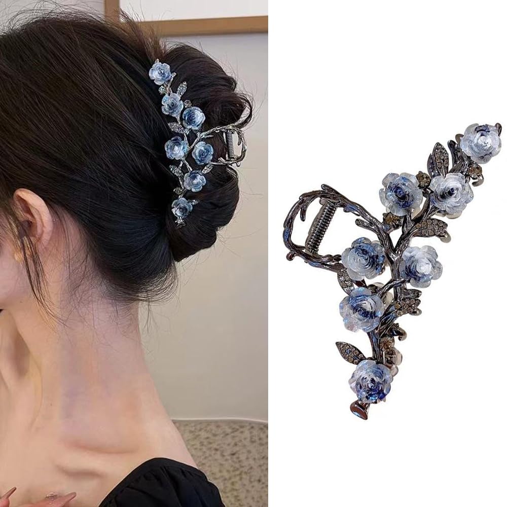 S.A.V.I Elegant Blue Rose Hair Clutch Clip for Women Girls | Floral Design with Crystal Accents | Durable Metal Hair Accessory | Stylish Party Daily Looks | Trendy 12cm x 5.7cm Hair Clip
