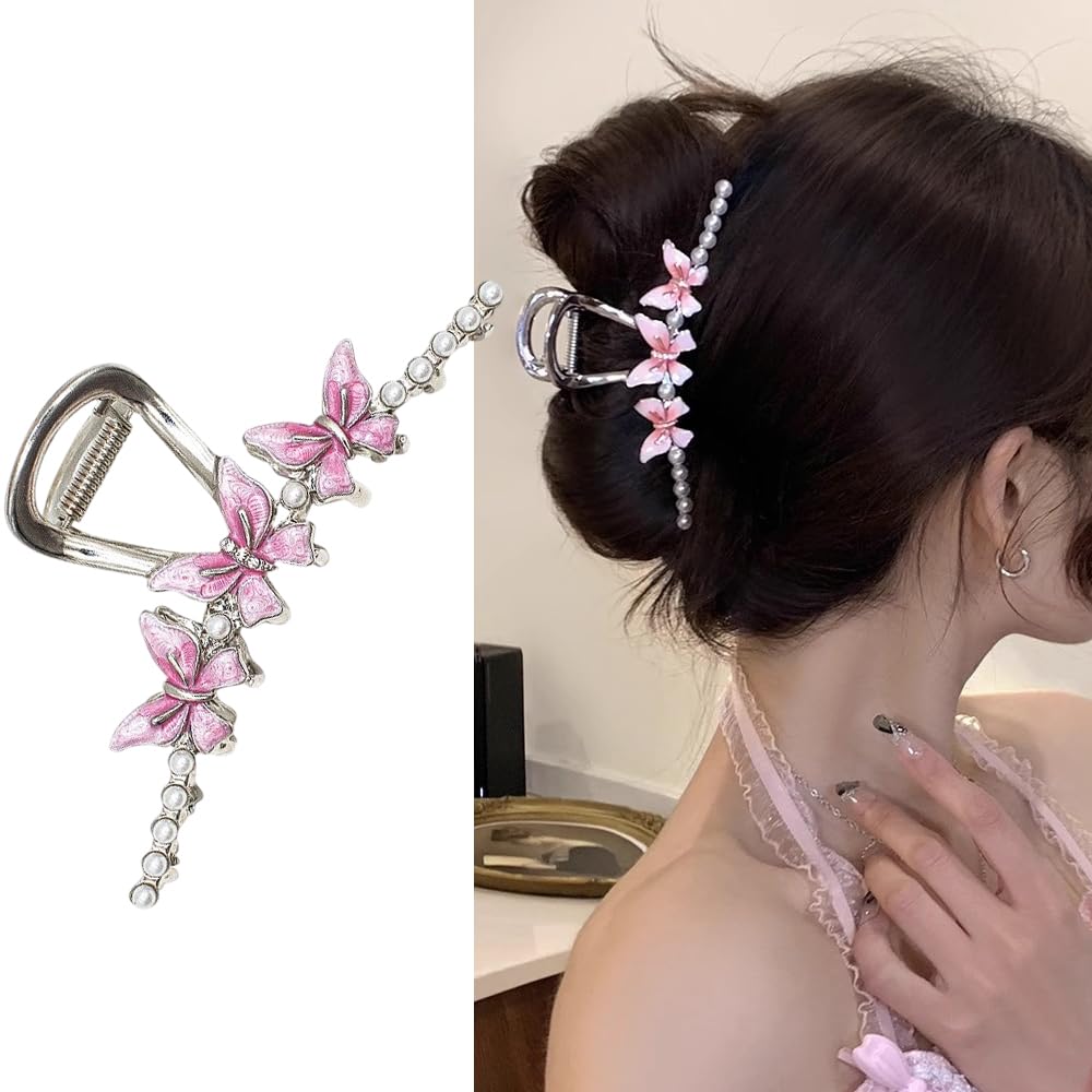 S.A.V.I 1pc Pink Enamel Butterfly Hair Clip with Pearls – Elegant Metal Hair Accessory for Women Girls, Stylish 11.5 cm Hair Clutch for Party, Wedding