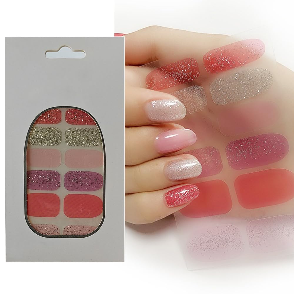 S.A.V.I 12PCS Glittery Gel Nail Stickers – Vibrant Red Pink, Full Nail Art Decals, Long-Lasting Shine, Easy to Apply Remove, Perfect for DIY Manicure