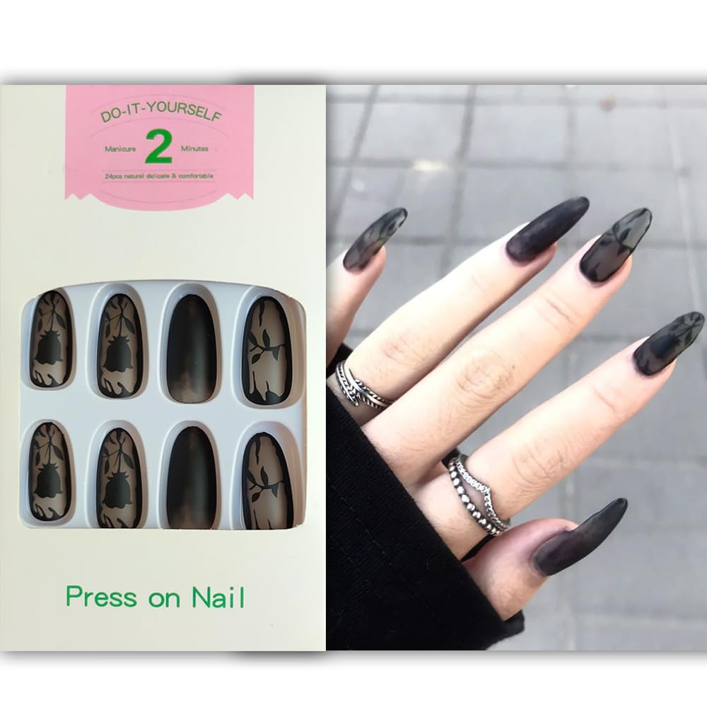 S.A.V.I 24-PCS Black Round Rose Print Press-On Reusable Nails with Glue Tape